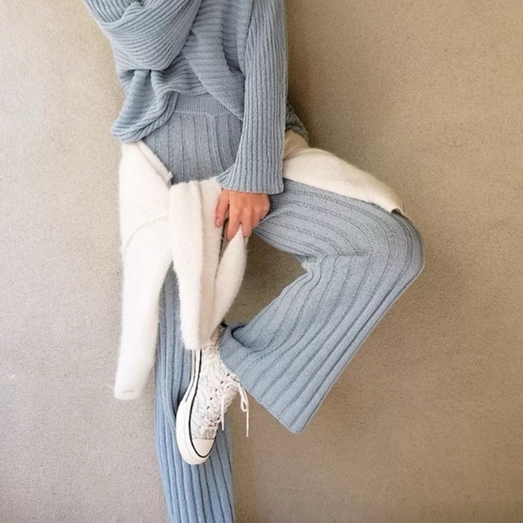 Free People Beach Imogene Light Blue Knit Ribbed Wide Leg Sweater Set